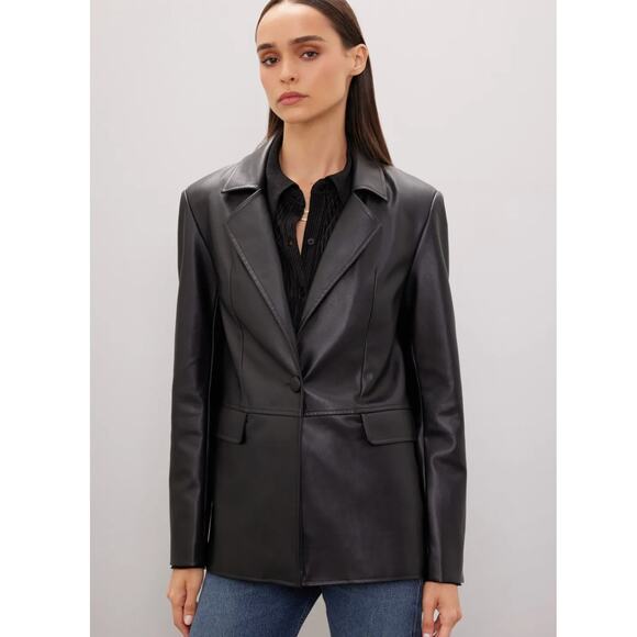 WeWoreWhat‎ Faux Leather Blazer Black Button Front Jacket Vegan Collared Sz M - Picture 1 of 10